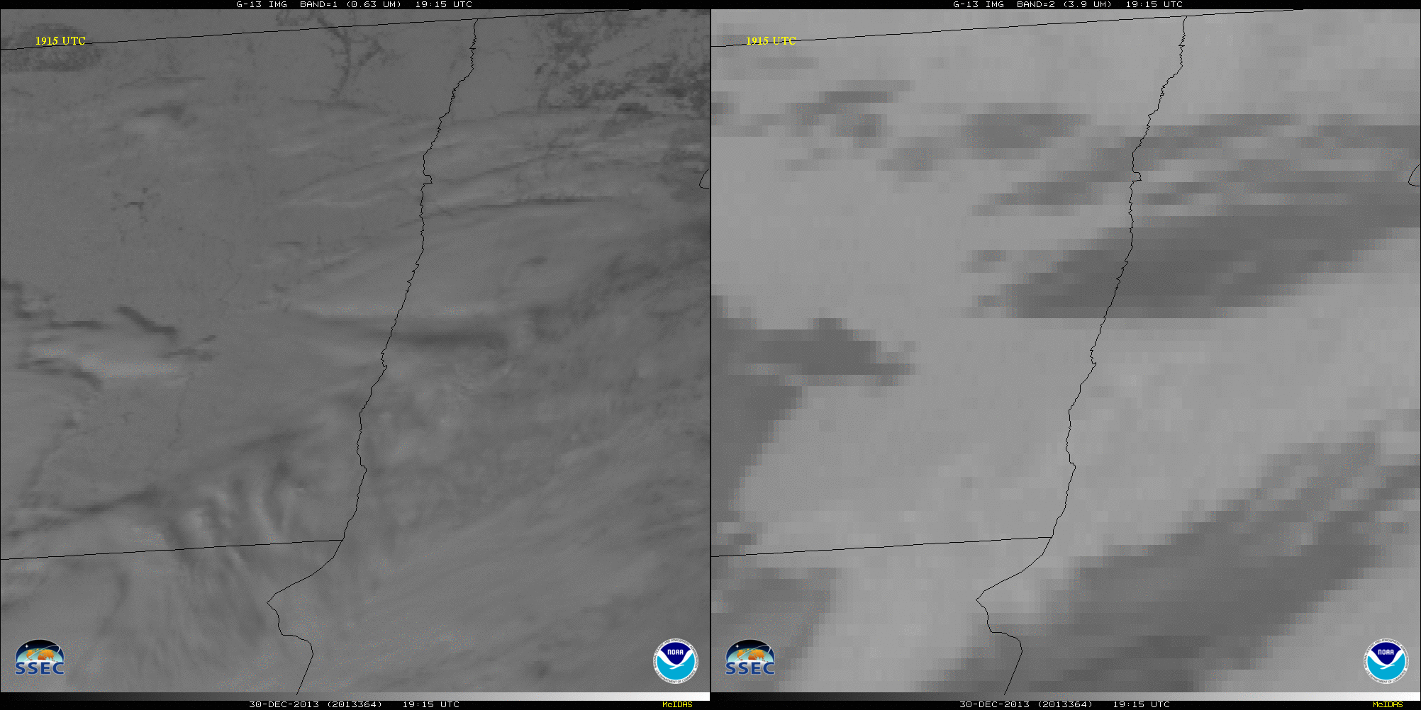 North Dakota crude oil derailment from GOES-13. Smoke plume/visible on left, fire/infrared on right.
